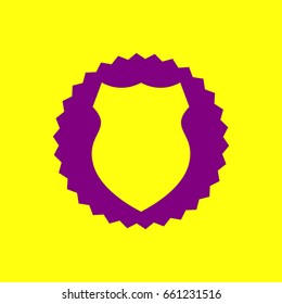 Shield icon. Vector. Violet label with hole as icon on yellow background.