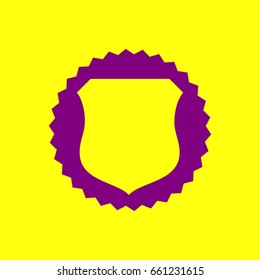 Shield icon. Vector. Violet label with hole as icon on yellow background.