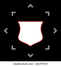 Shield icon. Vector. White icon in gray focus like mandala on black background.