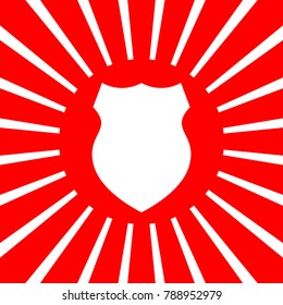 Shield icon. Vector. White icon on red sun with rays as background. Isolated.