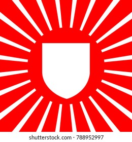 Shield icon. Vector. White icon on red sun with rays as background. Isolated.