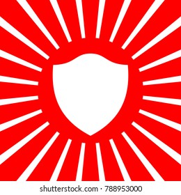 Shield icon. Vector. White icon on red sun with rays as background. Isolated.