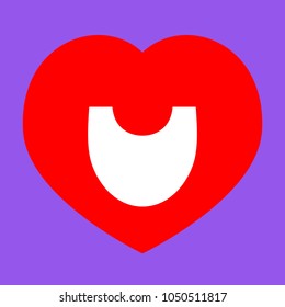 Shield icon. Vector. White icon in red heart at lavender background.