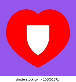 Shield icon. Vector. White icon in red heart at lavender background.