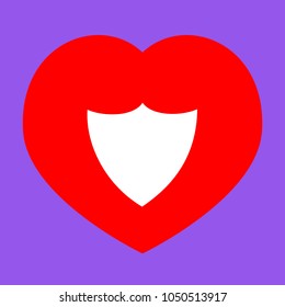 Shield icon. Vector. White icon in red heart at lavender background.