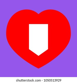 Shield icon. Vector. White icon in red heart at lavender background.