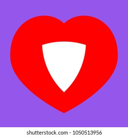 Shield icon. Vector. White icon in red heart at lavender background.