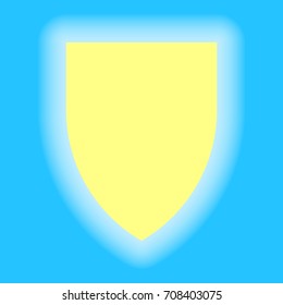 Shield icon. Vector. Yellow sunny shining icon on sky blue background.