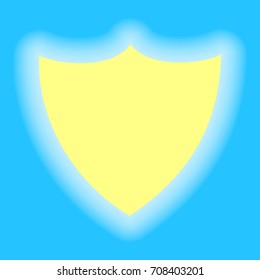 Shield icon. Vector. Yellow sunny shining icon on sky blue background.