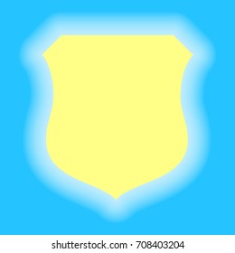 Shield icon. Vector. Yellow sunny shining icon on sky blue background.