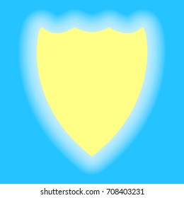 Shield icon. Vector. Yellow sunny shining icon on sky blue background.