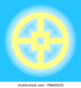 Shield icon. Vector. Yellow sunny shining icon on sky blue background.