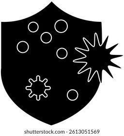 Shield icon with virus, bacteria, and germs repelled, symbolizing immunity, protection, or health defense concept outline style, transparent background.