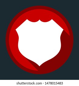 Shield icon. White icon with shadow on round red button at dark cyan background. Illustration.