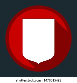 Shield icon. White icon with shadow on round red button at dark cyan background. Illustration.