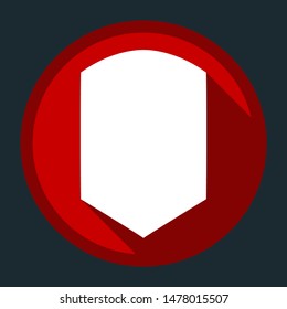 Shield icon. White icon with shadow on round red button at dark cyan background. Illustration.