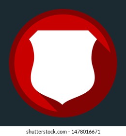 Shield icon. White icon with shadow on round red button at dark cyan background. Illustration.