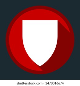 Shield icon. White icon with shadow on round red button at dark cyan background. Illustration.