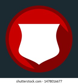 Shield icon. White icon with shadow on round red button at dark cyan background. Illustration.