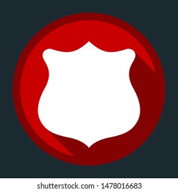 Shield icon. White icon with shadow on round red button at dark cyan background. Illustration.