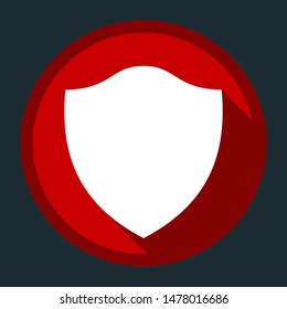 Shield icon. White icon with shadow on round red button at dark cyan background. Illustration.