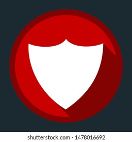 Shield icon. White icon with shadow on round red button at dark cyan background. Illustration.
