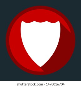 Shield icon. White icon with shadow on round red button at dark cyan background. Illustration.