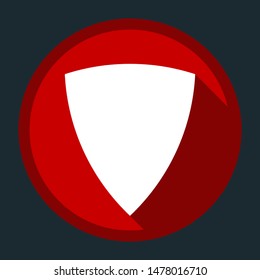 Shield icon. White icon with shadow on round red button at dark cyan background. Illustration.