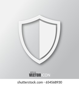 Shield icon in white style with shadow isolated on grey background. For your design, logo. Vector illustration.