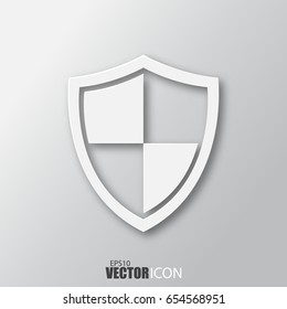 Shield icon in white style with shadow isolated on grey background. For your design, logo. Vector illustration.
