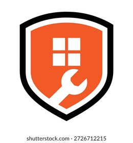 Icono del escudo con la llave inglesa y la ventana en el icono anaranjado del fondo