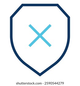 Shield icon with an X inside, conveys security and protection failure, suitable for technology presentations and cybersecurity designs
