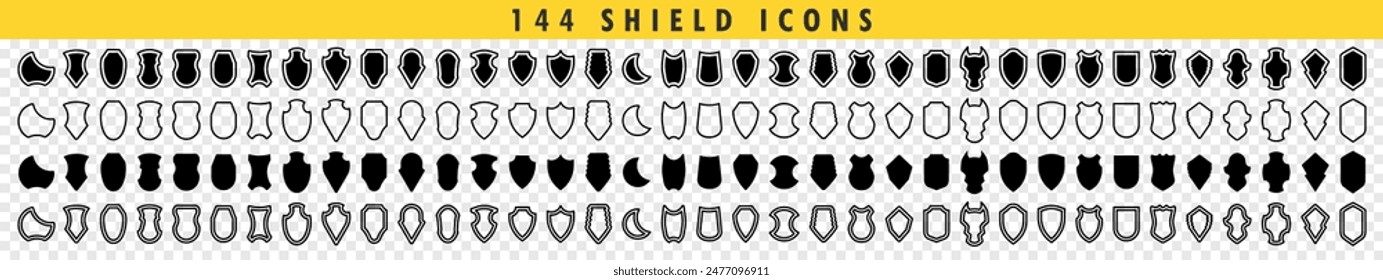 Schildsymbole mit großem Satz mit Konturen und linearen Zeichen. Kollektion Zeichen oder Symbole Sicherheit und Schutz. Kollektion des Symbols "Verschiedene Schilde". Vektorillustration