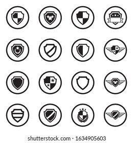 Shield Icons. Black Flat Design In Circle. Vector Illustration.