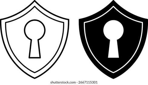 Schild-Symbole. Schwarzweiße Vektorgrafiken. Schild und Schlüsselloch. Konzept für Datensicherheit und Datenschutz