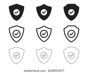 Iconos de escudo con marcas de verificación. Vector de símbolo de escudo. icono de símbolo de escudo. icono de sólido y contorno.