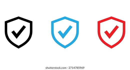 Iconos de escudo con marcas de verificación en negro, azul y rojo para seguridad y protección