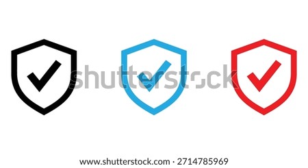 Shield icons with checkmarks in black, blue, and red for security and protection
