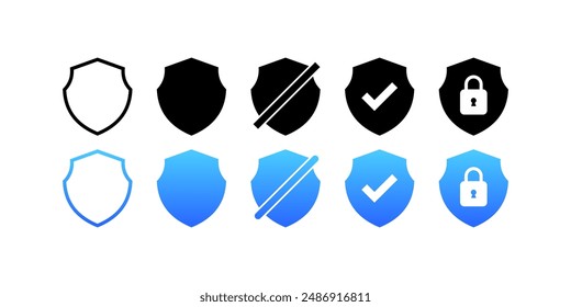 Shield icons collection. Protection icons. Linear, Silhouette and Flat style. Vector icons.