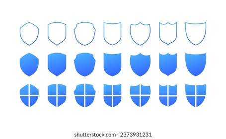 Iconos Escudo. Plano, azul, conjunto de escudos, protección de internet. Iconos del vector