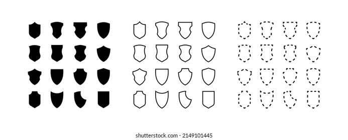 Schild Symbole flach Vektorset. Schutzschild-Vektor schützen. Sicherheitsschilder einzeln auf weißem Hintergrund. Sicherheit, Schutz, Verteidigungssymbol. Logo, Label. EPS10