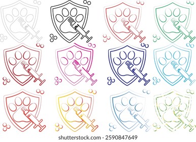 Shield icons, heraldic symbols, colorful outlines, abstract animal shapes, minimalist design, geometric patterns, line art, crest emblems, varied color palette, stylized lions, simplified graphics, me