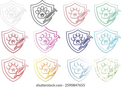 Shield icons, heraldic symbols, colorful outlines, abstract animal shapes, minimalist design, geometric patterns, line art, crest emblems, varied color palette, stylized lions, simplified graphics, me