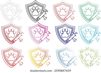 Shield icons, heraldic symbols, colorful outlines, abstract animal shapes, minimalist design, geometric patterns, line art, crest emblems, varied color palette, stylized lions, simplified graphics, me