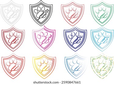 Shield icons, heraldic symbols, colorful outlines, abstract animal shapes, minimalist design, geometric patterns, line art, crest emblems, varied color palette, stylized lions, simplified graphics, me