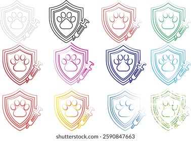 Shield icons, heraldic symbols, colorful outlines, abstract animal shapes, minimalist design, geometric patterns, line art, crest emblems, varied color palette, stylized lions, simplified graphics, me