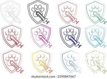 Shield icons, heraldic symbols, colorful outlines, abstract animal shapes, minimalist design, geometric patterns, line art, crest emblems, varied color palette, stylized lions, simplified graphics, me