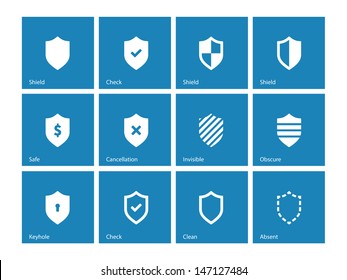 Shield icons on blue background. Vector illustration.