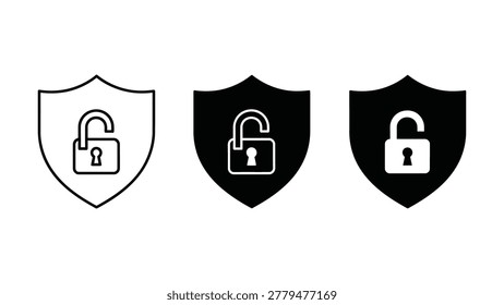 Shield icons with open lock symbols black and white security protected illustration protection breakable