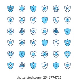 Shield icons. Outline symbols. Vector blue line icons set